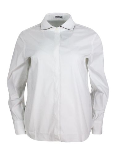 Long-sleeved Shirt In Stretch Cotton With Shiny Monili On The Collar - Brunello Cucinelli - Modalova