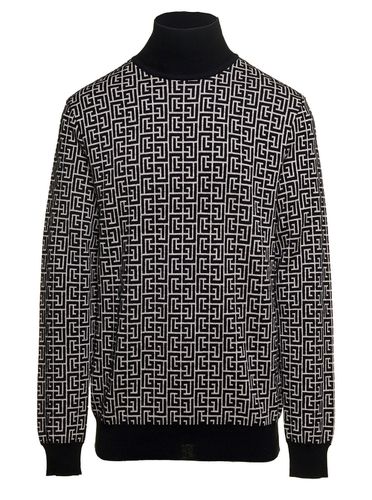 Black And White Sweater With all-over Monogram In Wool And Linen Man - Balmain - Modalova