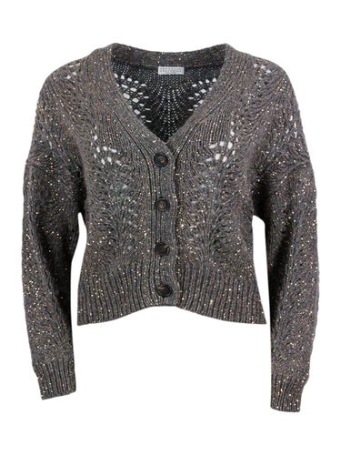 Cardigan Sweater With Buttons In Precious And Refined Feather Cashmere Embellished With A Dazzling Yarn With Sequins For A Shiny And Three-dimensional - Brunello Cucinelli - Modalova