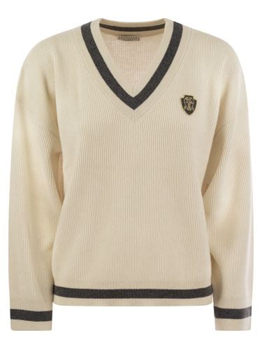 Ribbed Cashmere Sweater With Contrasting Stripe - Brunello Cucinelli - Modalova