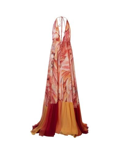 Long Sleeveless Silk Dress With Plumage Print - Roberto Cavalli - Modalova