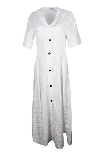 Long Dress In Short-sleeved Stretch Cotton With Button Closure And Textured Work - Fabiana Filippi - Modalova
