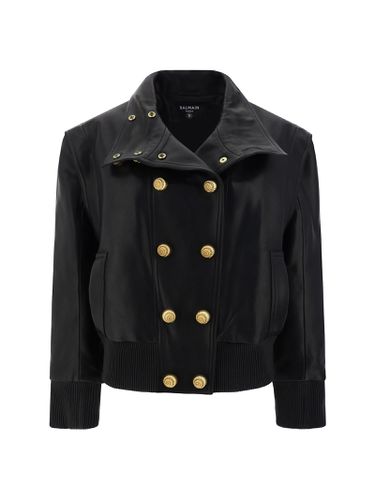 Double-breasted Leather Bomber Jacket - Balmain - Modalova