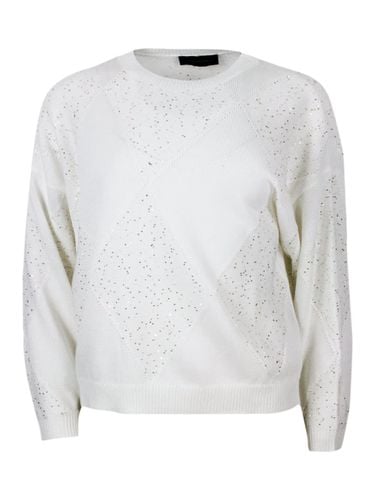 Long-sleeved Crew-neck Sweater In Cotton Thread With Diamond Pattern Embellished With Microsequins - Lorena Antoniazzi - Modalova