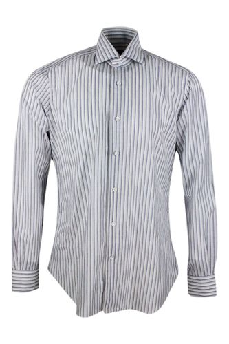 Long-sleeved Cult Shirt With French Collar With Gray And Blue Stripes On A Base In Cotton And Linen - Barba Napoli - Modalova