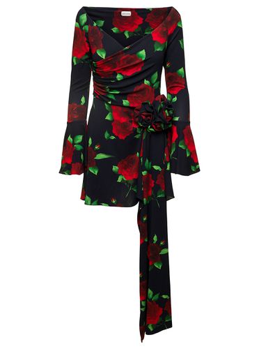 Black Flared Mini-dress With Floral Print All-over In Viscose Woman - Magda Butrym - Modalova