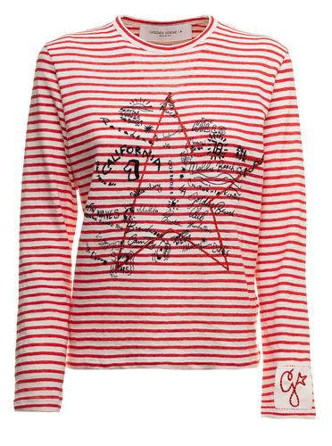 White And Red Striped Long Sleeved T-shirt With Print Woman - Golden Goose - Modalova