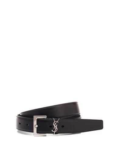 Leather Belt With Silver Logo - Saint Laurent - Modalova