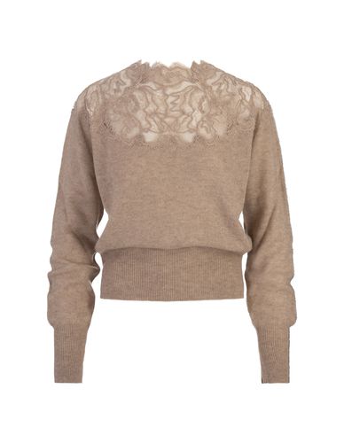 Sand Cashmere Sweater With Lace Insert - Ermanno Scervino - Modalova