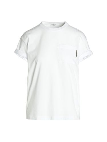 Crewneck T-shirt With Patch Pocket And Monile Detail In Stretch Cotton - Brunello Cucinelli - Modalova