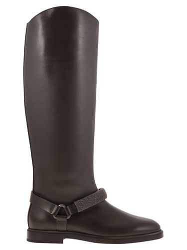 Mat Calf Boots With Precious Ribbed Strap - Brunello Cucinelli - Modalova