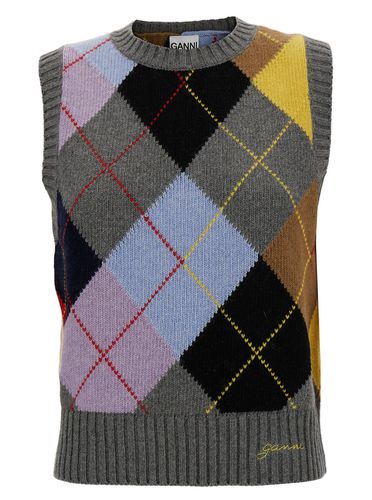 Grey Vest With Check Motif And Logo Embroidery In Wool Blend Woman - Ganni - Modalova