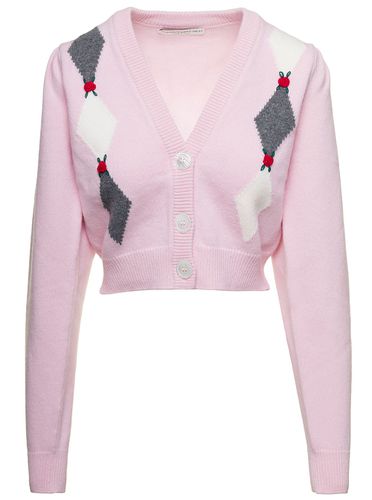Cardigan With diamond Motif And Embroidered Rose Detail In Wool Woman - Alessandra Rich - Modalova