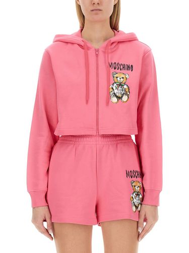 Cropped Sweatshirt With Teddy Bear Logo - Moschino - Modalova