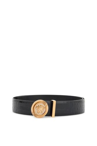 Black Embossed Crocodile Calfskin Belt With Rhinestones 40mm - Versace - Modalova