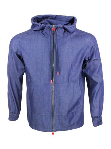 Super Light Sweatshirt Jacket With Hood In Very Soft Denim-effect Cotton Fabric With Zip Closure With Logo On The Zip Puller - Kiton - Modalova