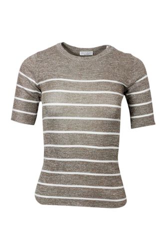 Crew-neck And Short-sleeved Linen Blend Sweater With Striped Pattern - Brunello Cucinelli - Modalova