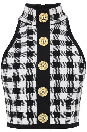 Gingham Knit Cropped Top With Embossed Buttons - Balmain - Modalova