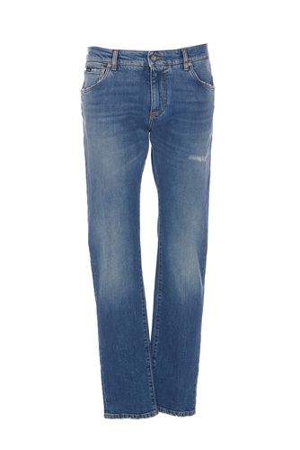 Five-pockets Slim Jeans With Logo Plaque In Stretch Cotton Denim - Dolce & Gabbana - Modalova