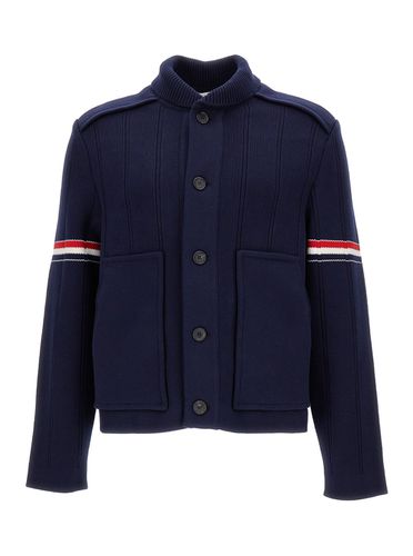 Dark Knitted Jacket With Tricolor Details In Cotton Blend Man - Thom Browne - Modalova
