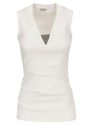 Stretch Cotton Ribbed Jersey Top With Precious Insert - Brunello Cucinelli - Modalova