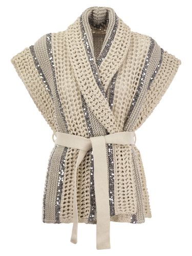 Dazzling Stripe Cardigan In Jute, Linen, Cotton And Silk Net Stitch With Belt - Brunello Cucinelli - Modalova