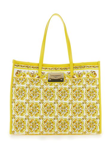 And White Tote Bag With Majolica Print And Logo Plaque In Cotton Woman - Dolce & Gabbana - Modalova