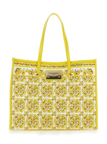 Yellow And White Tote Bag With Majolica Print And Logo Plaque In Cotton Woman - Dolce & Gabbana - Modalova