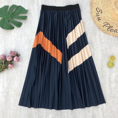 Pleated Striped Patchwork Long Skirt - musthaveskirts - Modalova
