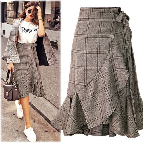 High Elastic Waist Plaid Lady Long Pleated Skirt - musthaveskirts - Modalova