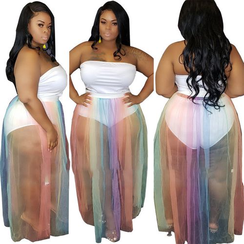Plus Size Strapless Bodysuit Sheer Mesh Rainbow Stripe Maxi Skirt - musthaveskirts - Modalova
