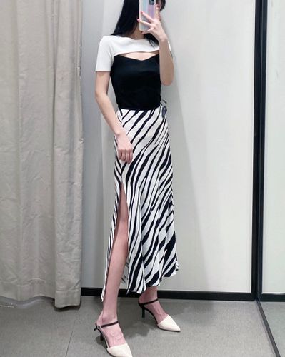 Striped Print Hem Split Midi Skirt - musthaveskirts - Modalova