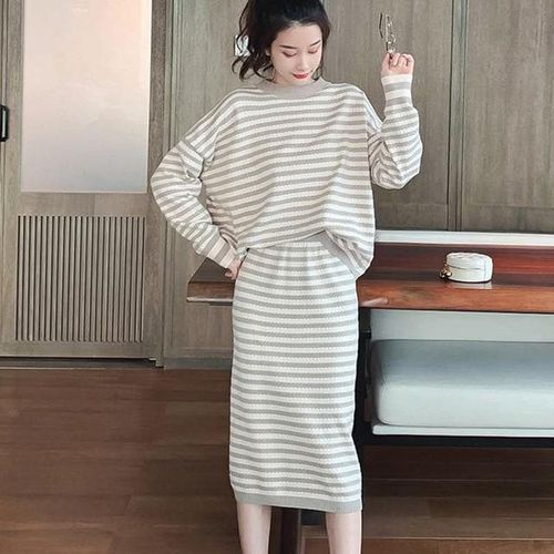 Striped Pullover + Slim Midi Skirts Set - musthaveskirts - Modalova