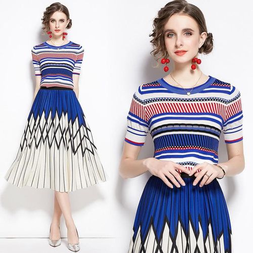 Stripe Knit Tops and Printed Long Skirt Two piece Sets - musthaveskirts - Modalova