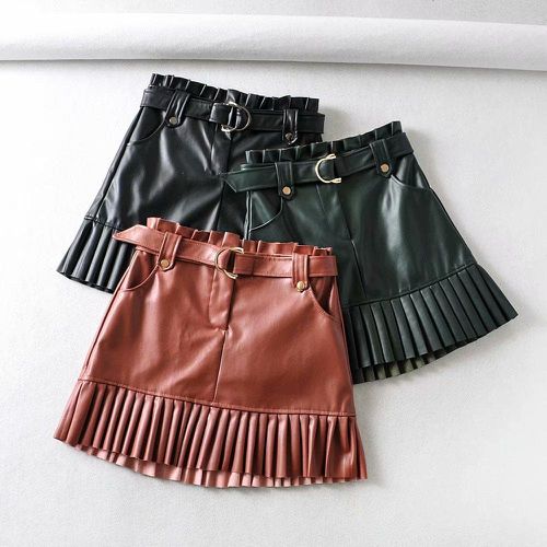 PU Leather Pleated Skirt Ruffles Tie Belt - musthaveskirts - Modalova