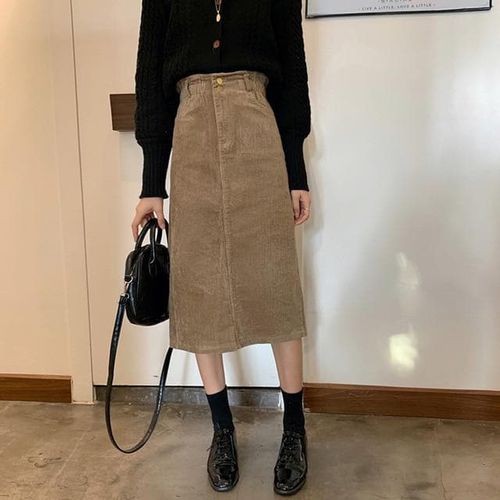 High Waist Midi Corduroy Side Slit Skirt - musthaveskirts - Modalova