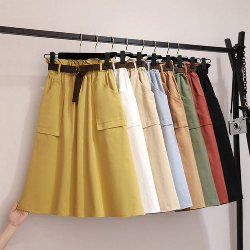 Office Party Cotton Midi Skirts With Belt Big Pocket - musthaveskirts - Modalova