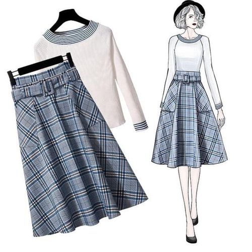 Skirt And Striped O-Neck Knitted Tops 2 Piece Set - musthaveskirts - Modalova