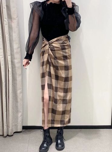 Printed Silk Wrinkled Plaid Skirt - musthaveskirts - Modalova