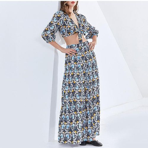 Print V-Neck Hollow Out Lower Skirt Suits - musthaveskirts - Modalova