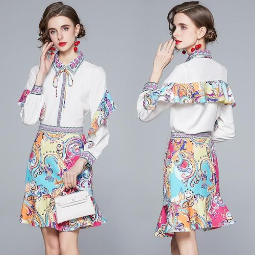 Ruffles Long Sleeve Floral Print Tops and Mermaid Skirt Set - musthaveskirts - Modalova