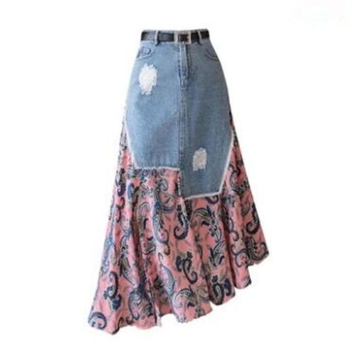 Patchwork Chiffon Denim Midi Skirts - musthaveskirts - Modalova
