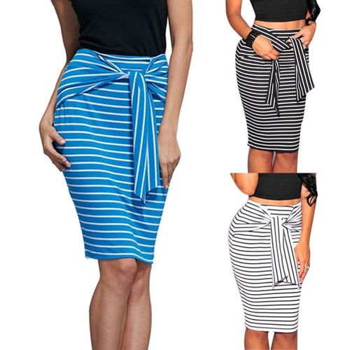 Summer Striped Front Tie Midi Pencil Skirt - musthaveskirts - Modalova
