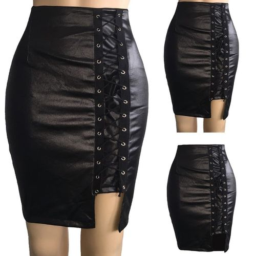 Bandage Split Hip Leather Skirt - musthaveskirts - Modalova
