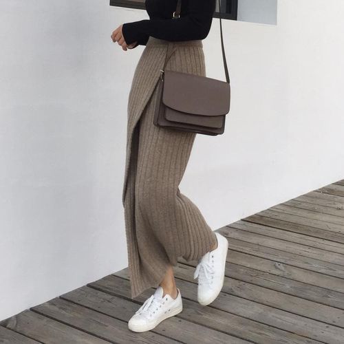 Women Open Slit Knitted Casual Maxi Skirt - musthaveskirts - Modalova