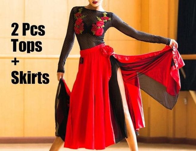 Latin Dance Mesh Embroidery Top & Long Skirts - musthaveskirts - Modalova