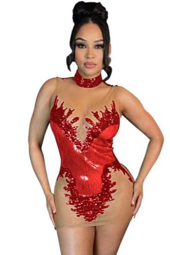 Red Sequin Nude Mesh Sexy Fitted Party Dress - AMIClubwear - Modalova