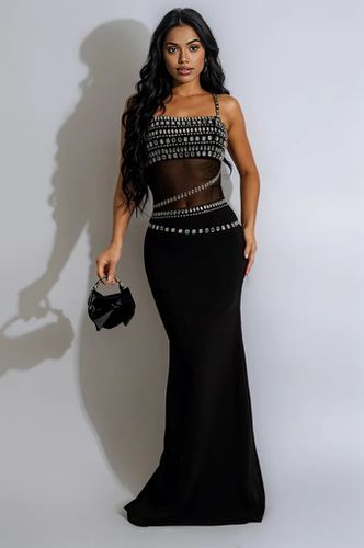 Black Big Rhinestones Gem Mesh Sexy Fitted Mermaid Maxi Party Dress - AMIClubwear - Modalova