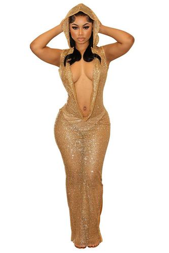 Gold Sequin Hooded Deep Plunging Neck Open back Sexy Full Length Party Dress - AMIClubwear - Modalova