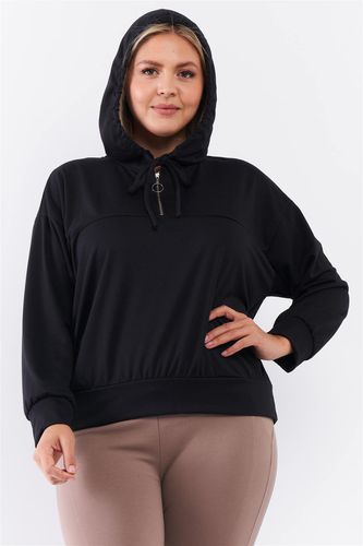 Plus Black Oversize High Neck Zip-up Detail Draw String Tie Hoodie Sweatshirt - KandyKouture - Modalova